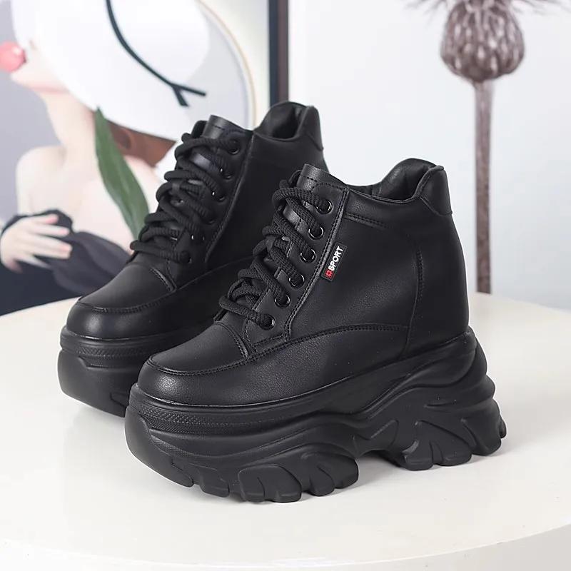 Модная осенне-зимняя женская обувь из кожи с высоким верхом, кроссовки на платформе и танкетке, массивная обувь, скрытый каблук 12 см, белая, черная, женская повседневная обувь