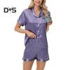 Пижамный костюм из 2 предметов, атласный однобортный кардиган, рубашка с V-образным вырезом, воротником-стойкой, однотонная рубашка с нагрудным карманом, свободные шорты, ночная рубашка, одежда для сна