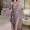 Women's Velvet Print Butterfly Halter Deep V Padded Sleep Dress with Robe Lounge Set