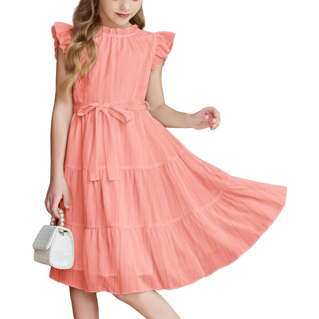 Платье для девочек, однотонное, с круглым вырезом, завязывающимся на талии, с оборкой по подолу