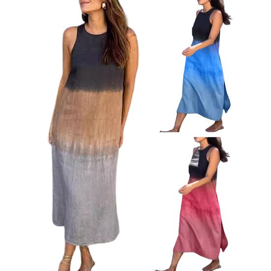 Летнее женское платье с градиентом и цветными блоками, без рукавов и с круглым вырезом, свободное до середины икры, вечерние пляжные платья миди для свиданий и отдыха