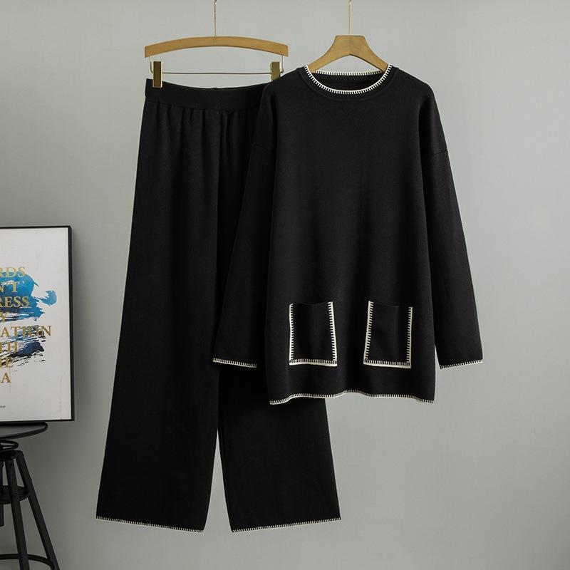 Плюс Размер Женская Весна Новый Трикотажный Модный Длинный Свитер Свободный Комплект Из Двух Частей