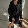 Elegant Ruffles Mini Dress Women V Neck Hollow Out Lace Up Long Sleeves Lace Dresses  Solid Color High Waist Dress