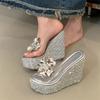 Fashion High Quality Women Shoes Designer Crystal Sequin Cloth Platform Wedge Heels Women Slippers Street StyleTransparent Banquet Shoes