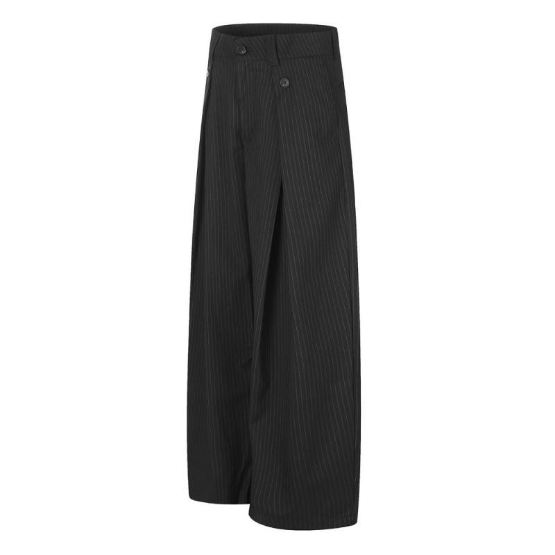 Mens Striped Wide Leg Trousers High Street Style Clean Fit Loose Pleated Casual Pants