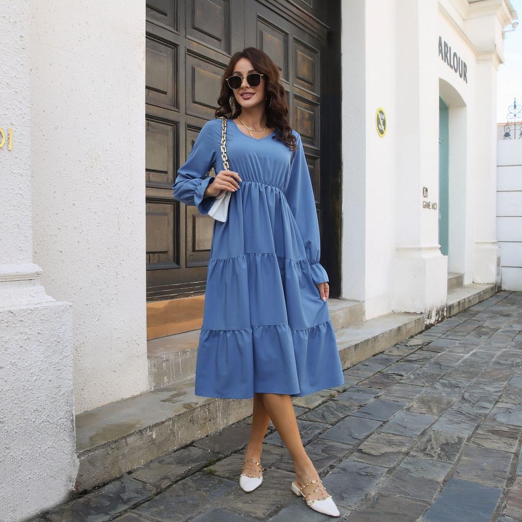 GMXIA Women's Fashion Summer Spring Solid Color Print Long Sleeve V-Neck High Waist Casual Dresses