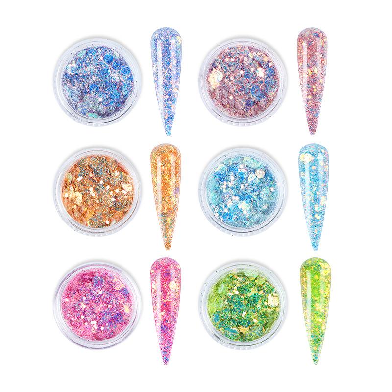 6 Colors Set Mixed Size Hexagon Gradient Nail Glitter Sequins Sparkly Spangles Nail Art Decoration