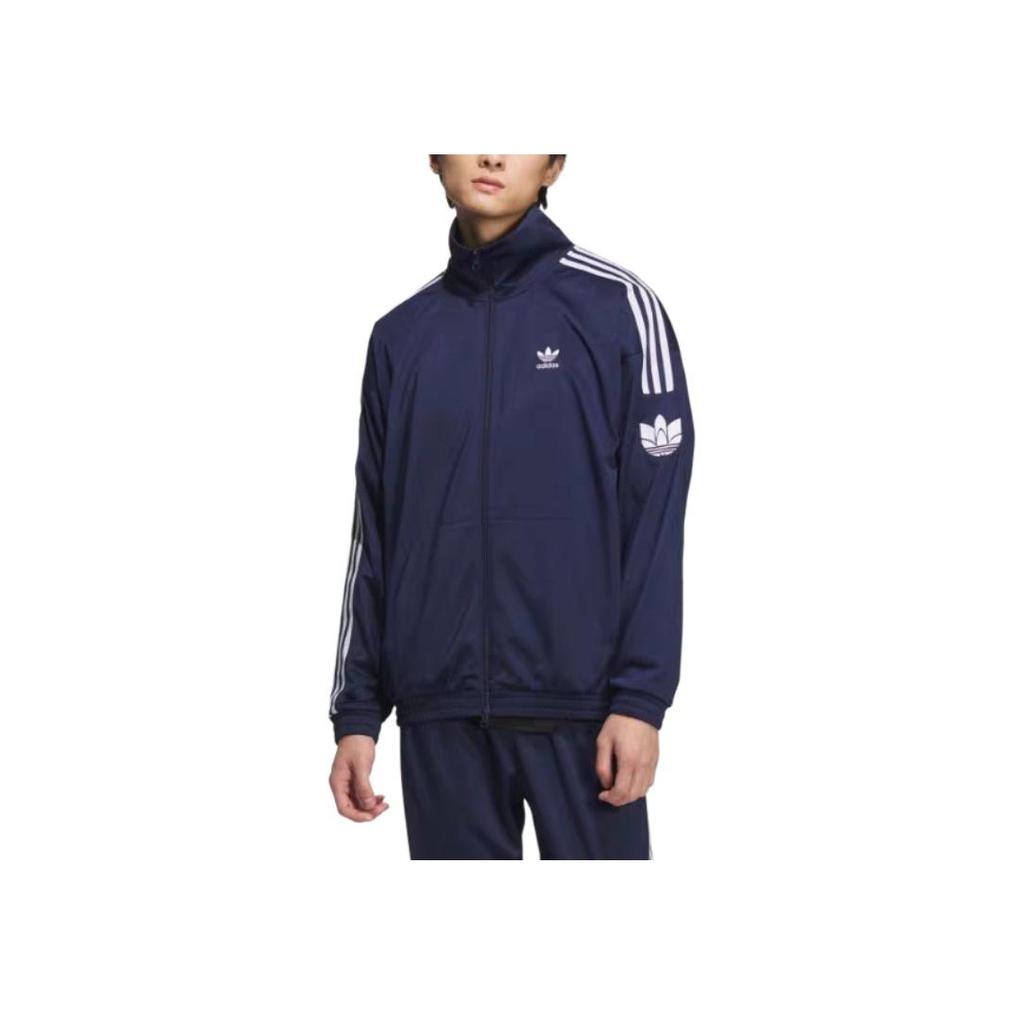 adidas Оригинальная мягкая и удобная куртка в стиле ретро с длинным рукавом из серии Trefoil, универсальная спортивная полосатая куртка унисекс, цвет темно-индиго JL8398