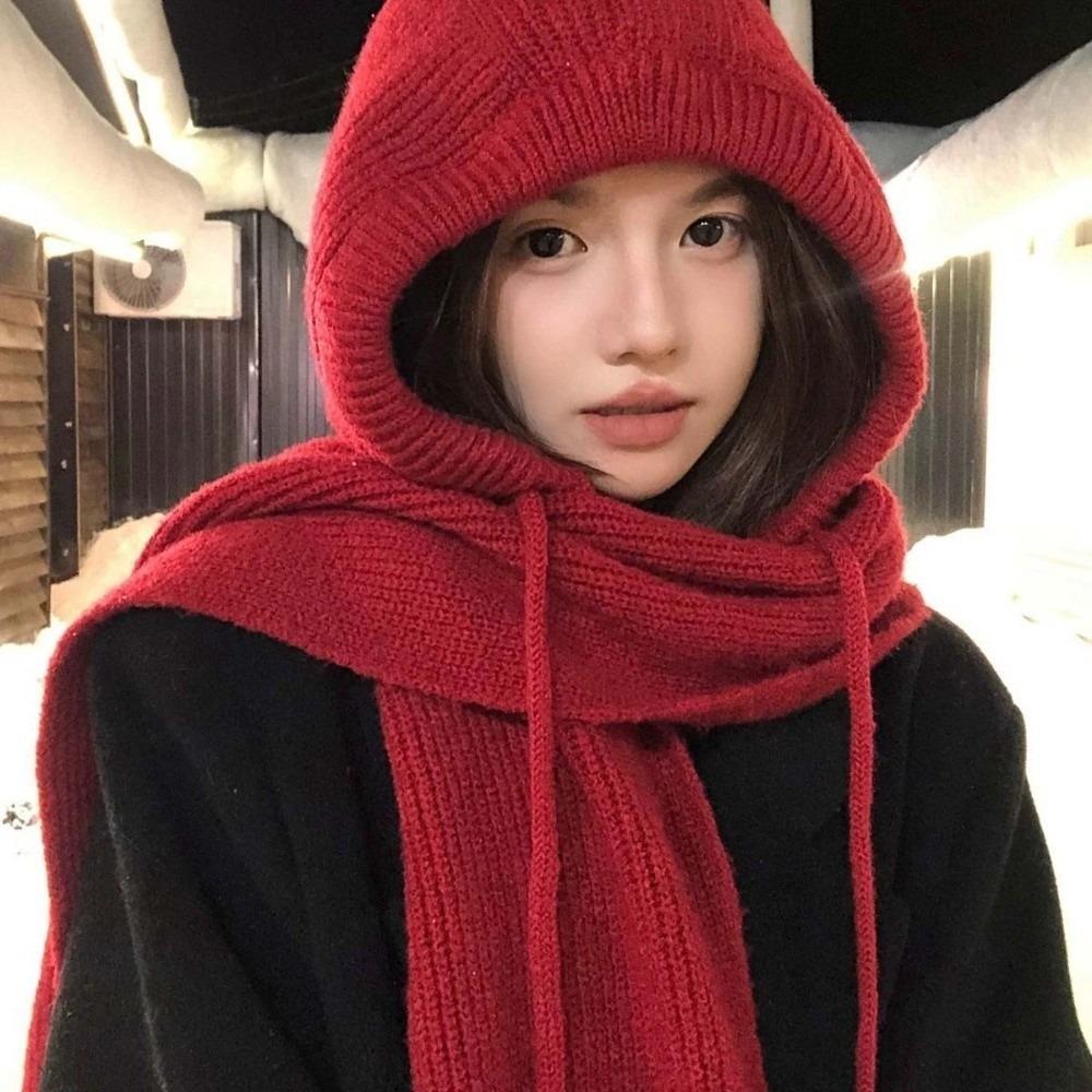 Thick Knit Winter Balaclava Hat Solid Color Knitted Hooded Beanie Outdoor Cycling
