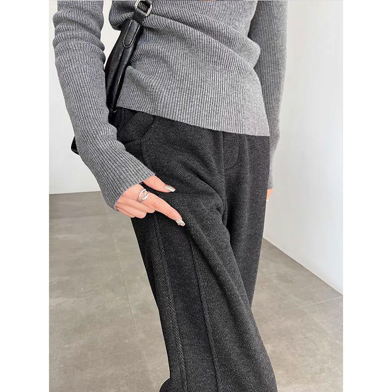 Женские брюки 2024 года из шерстяного флиса в елочку на подкладке с разрезом и прямыми штанинами для повседневной носки осенью/зимой