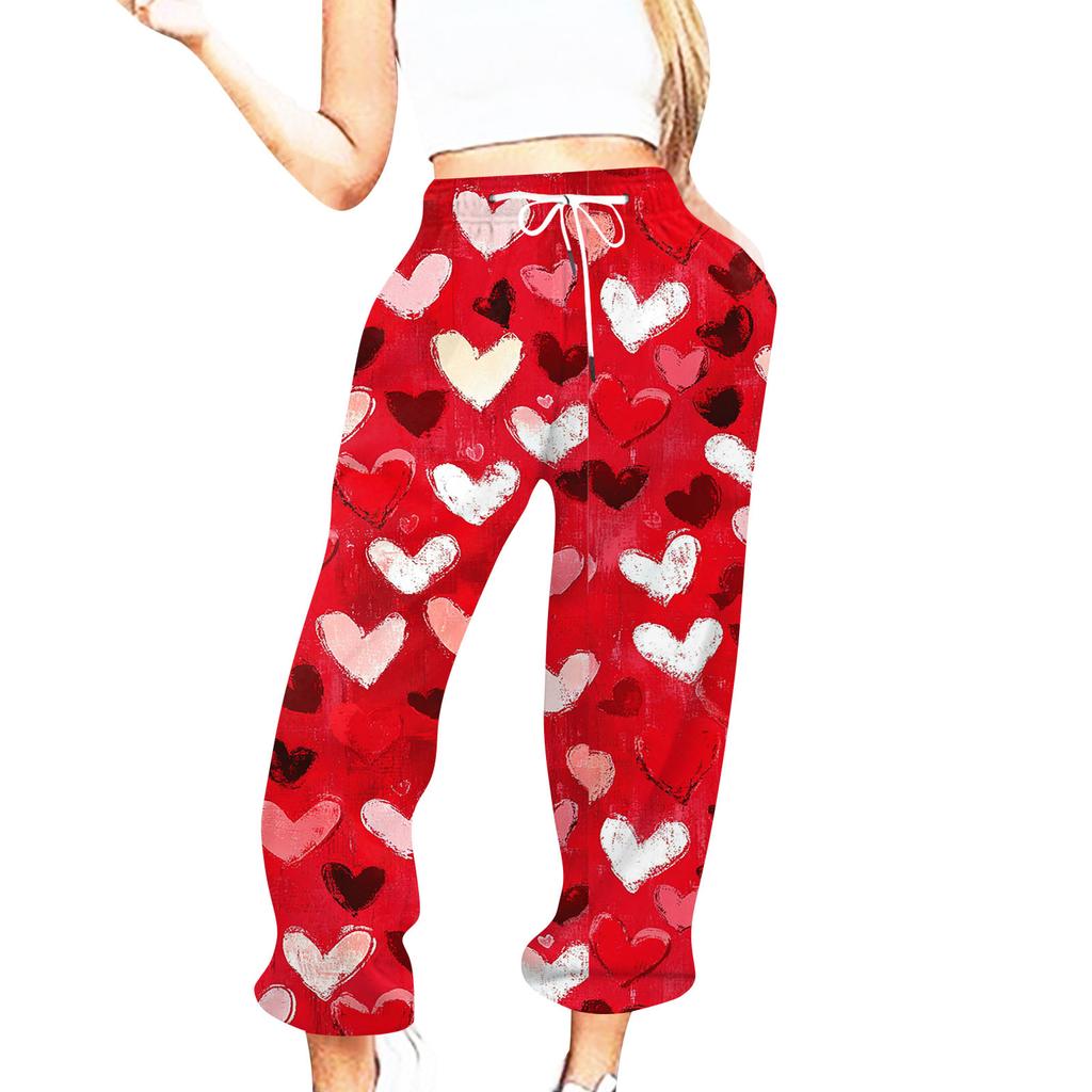 Женская повседневная мода День святого Валентина Повседневные брюки с принтом Спортивные брюки Брюки с эластичной резинкой на талии со шнурком Брюки со шнурком