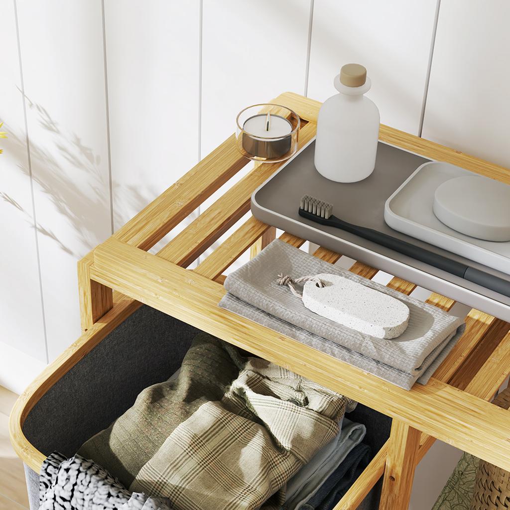 Laundry Basket with Removable Bag and Slatted Bamboo Shelves, 50x32x70 cm, Grey