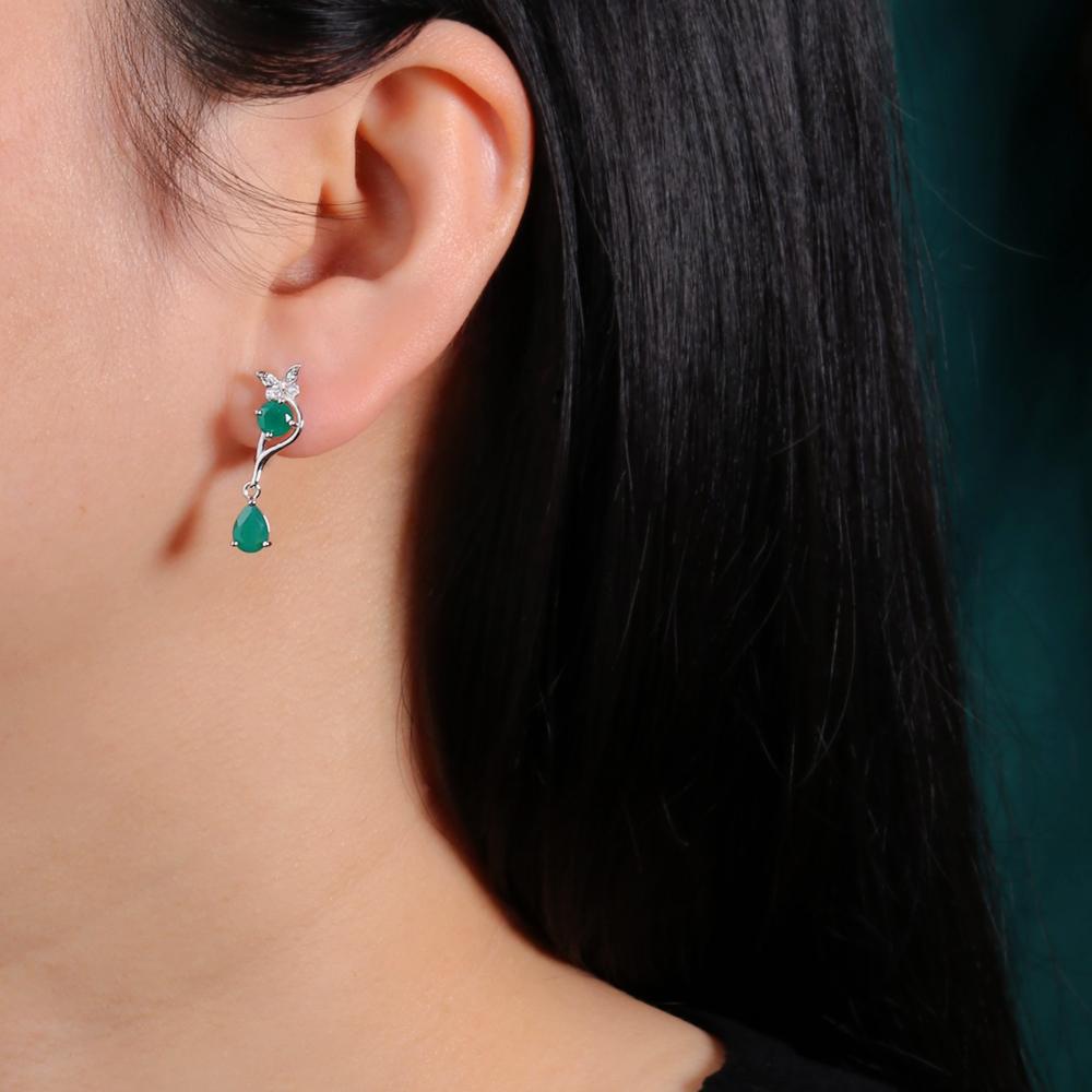 Butterfly Design Silver Jewelry Set with Natural Green Agate Gemstones Earrings And Ring for Women