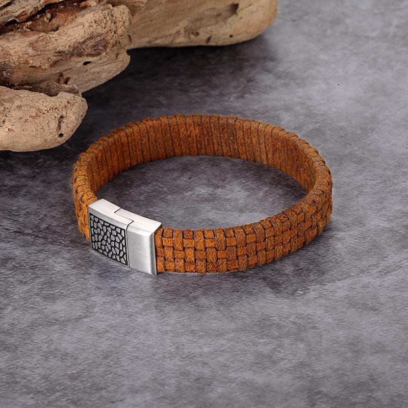 REPTILE LEATHER BRACELET Stainless Steel Reptile Design Bracelet with Light Brown Woven Genuine Italian Leather