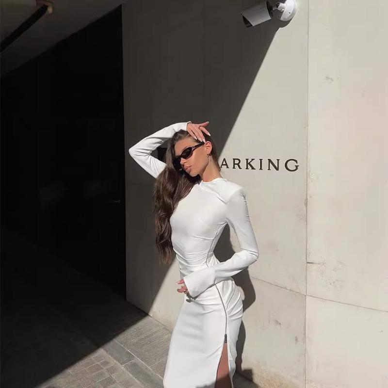 Женское осеннее модное однотонное платье с длинным рукавом и разрезом на молнии, плиссированное платье Spice Girl