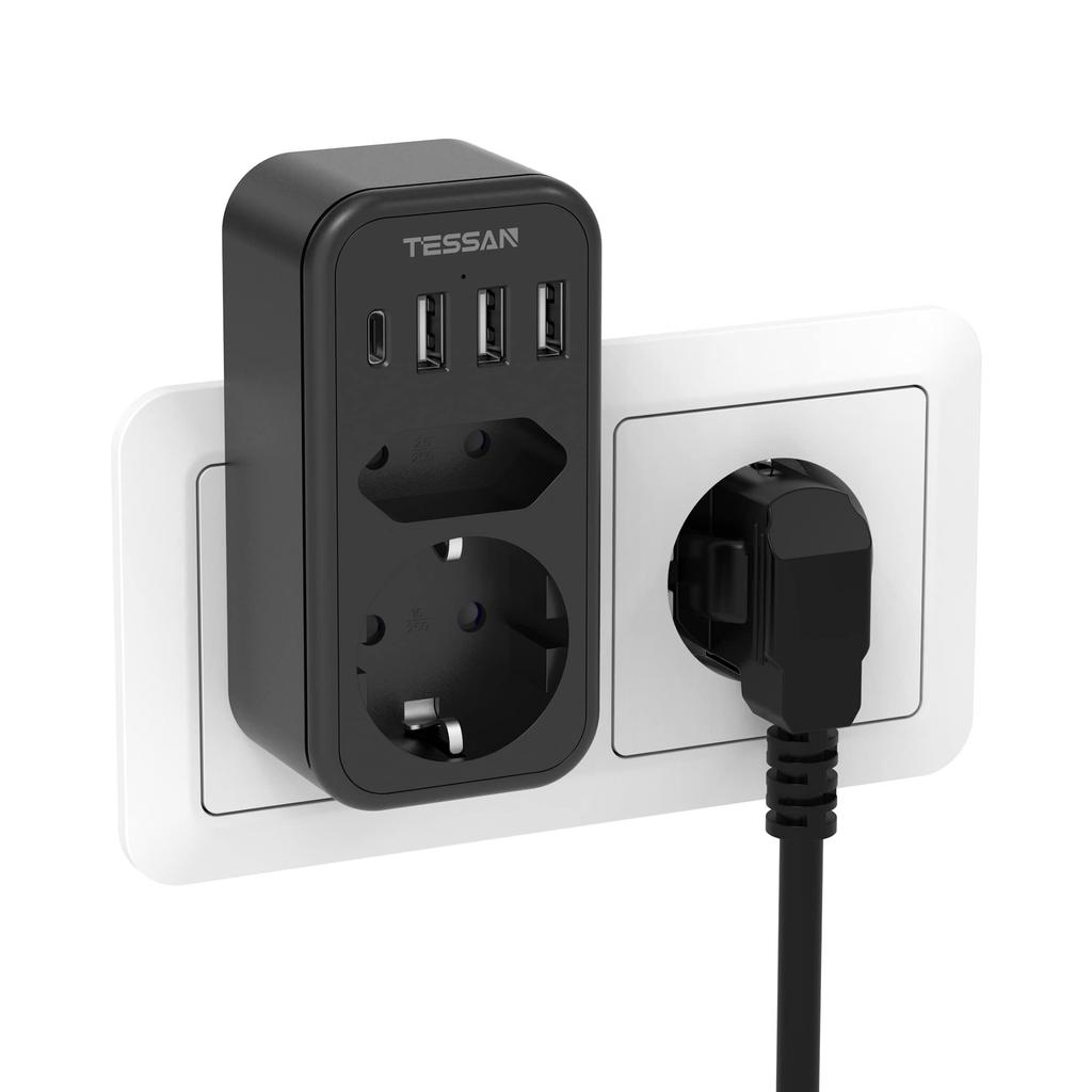 Tessan EU Multi Plug Power Adapter with 1/2 AC Outlets 3 USB Ports & 1 Type C Plug 6 In 1 Wall Socket Power Strip for Home Office