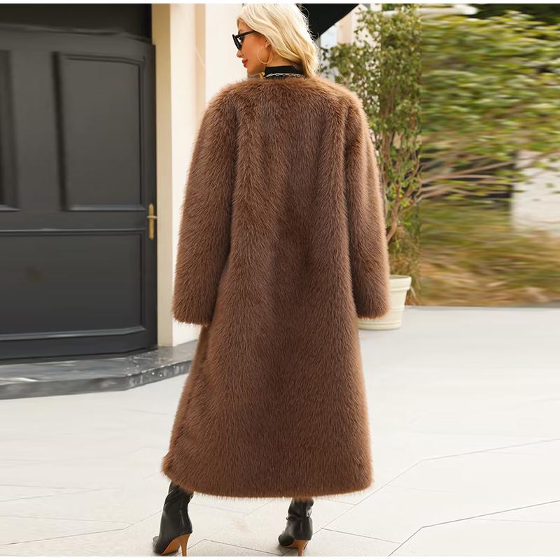 Женские шубы из искусственного меха с длинным рукавом, с открытым швом, длинные куртки с V-образным вырезом, плотное пальто, элегантная женская верхняя одежда на осень и зиму