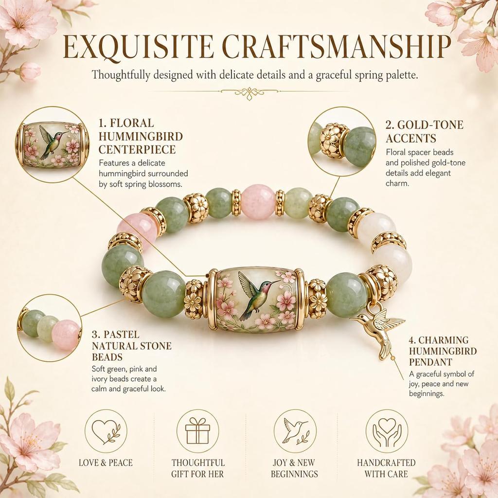 2026 Spring Blessings Hummingbird Bluebird Bracelet for Women | Adjustable Elastic Beaded Bracelets with Mixed Color Beads, Inspirational Strength
