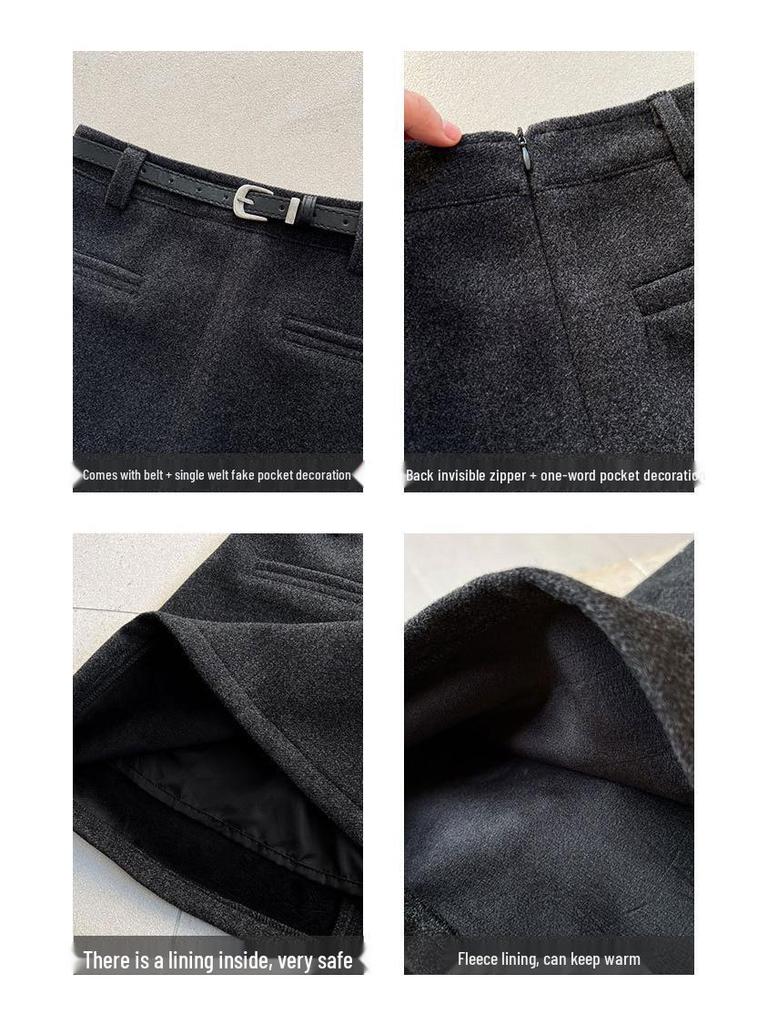 Юбка миди А-силуэта Luxi Retro High-End из шерсти - Женская 2025 Зимняя Приталенная Мини-юбка Бодикон на флисовой подкладке