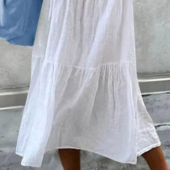 Женское летнее платье Свободное лоскутное плиссированное трапециевидное платье сплошного цвета с V-образным вырезом и короткими рукавами до середины икры Повседневная повседневная одежда Платье миди