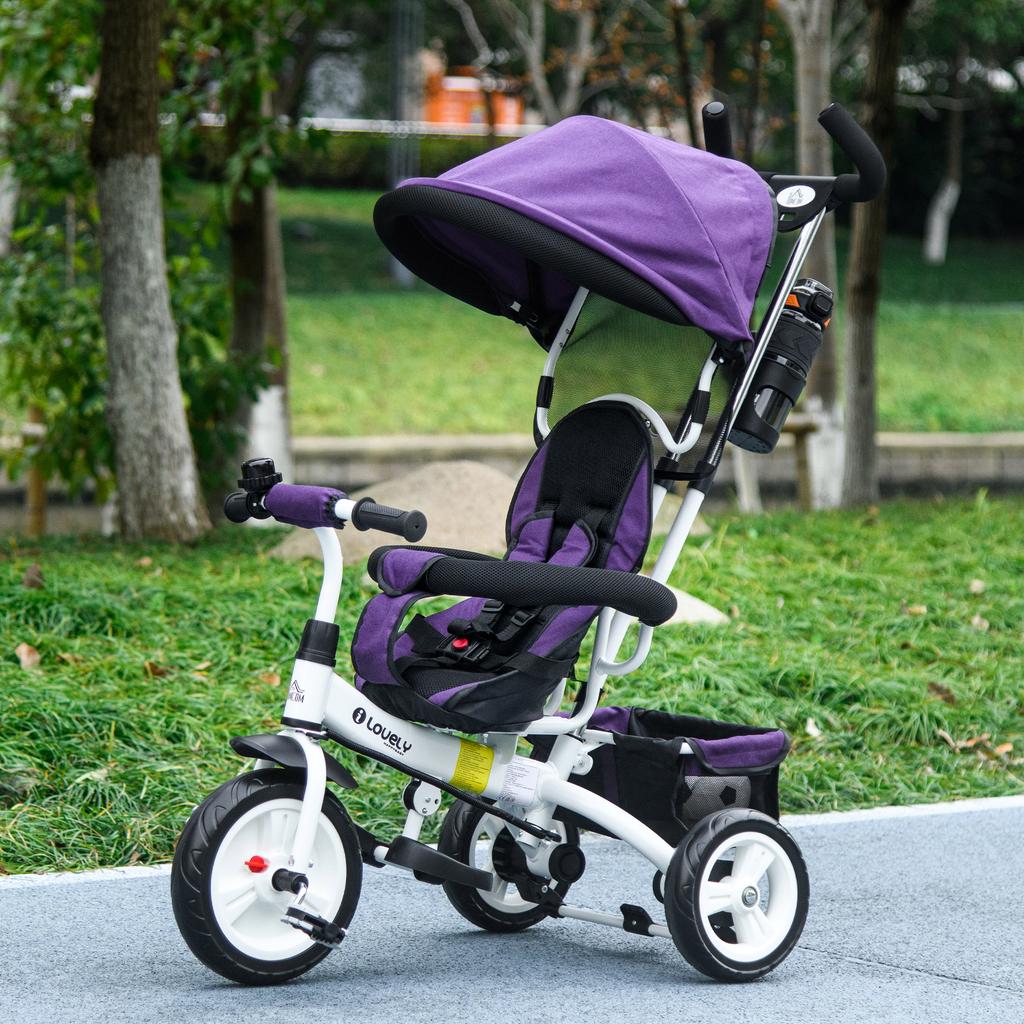 Children's Tricycle, Folding Sunshade, Telescopic Handle, 95x50x106 cm, Steel, Purple/White