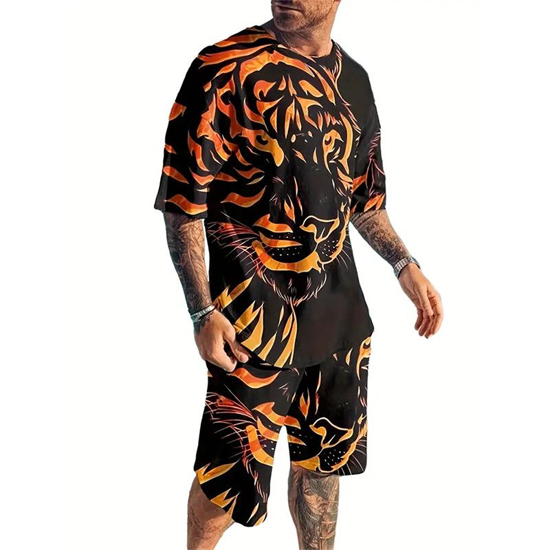 2025 Новый летний мужской спортивный костюм с принтом тигра, повседневный уличный костюм, 3D стерео принт, пляжная одежда, мужская футболка, шорты, комплект из двух предметов