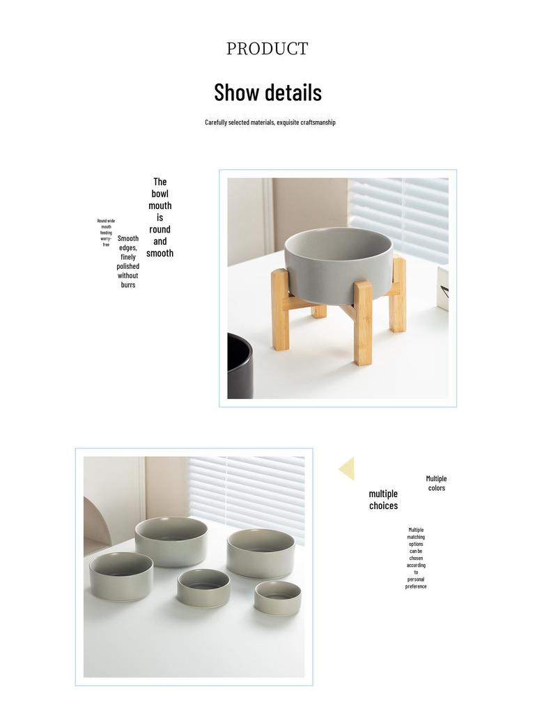 Керамическая миска для корма домашних животных с приподнятой бамбуковой подставкой - Антиопрокидывающаяся конструкция для собак и кошек, Защищает шейный отдел позвоночника