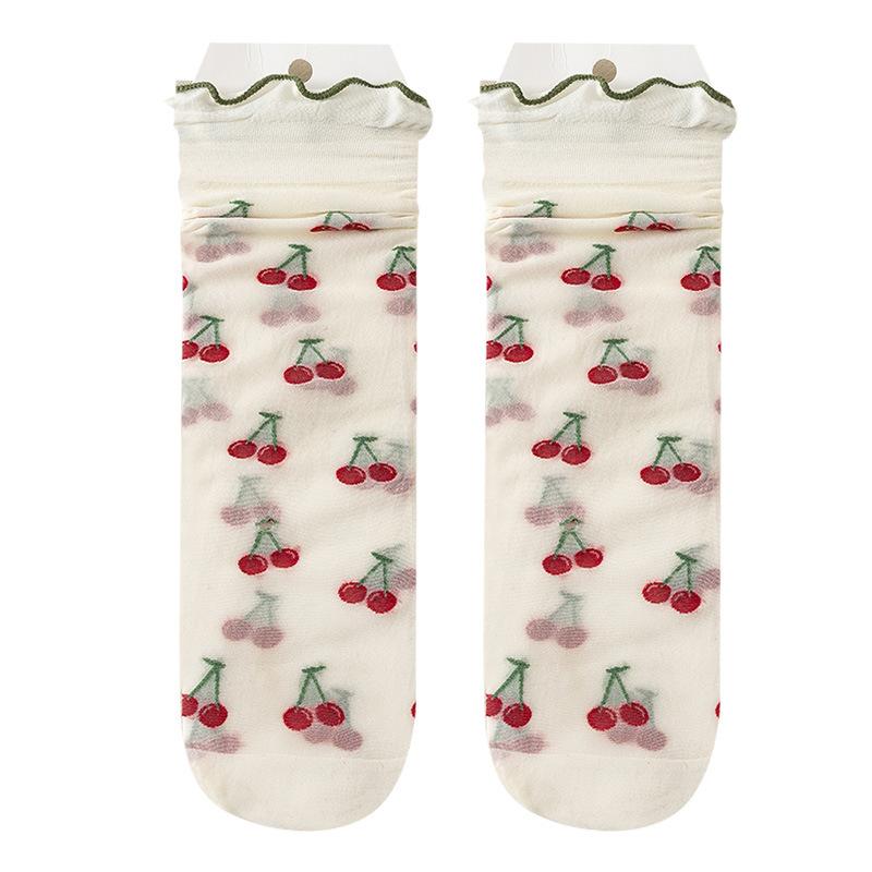 Женские милые сетчатые носки с оборками, шелковые носки с милым фруктовым узором, прозрачные, тонкие, модные, забавные