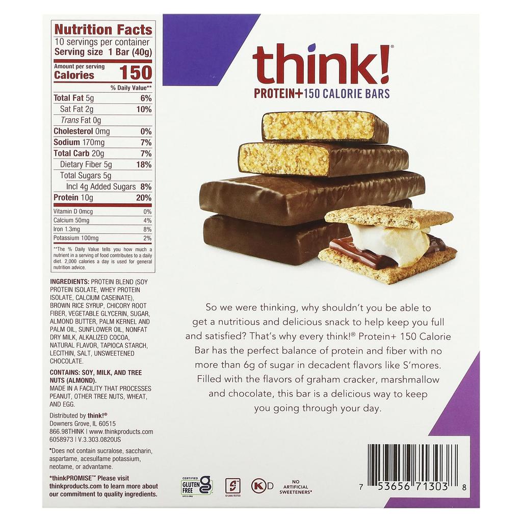 Think!, Protein & Fiber Bars, S'mores, 10 Bars, 1.41 Oz (40 G) Each