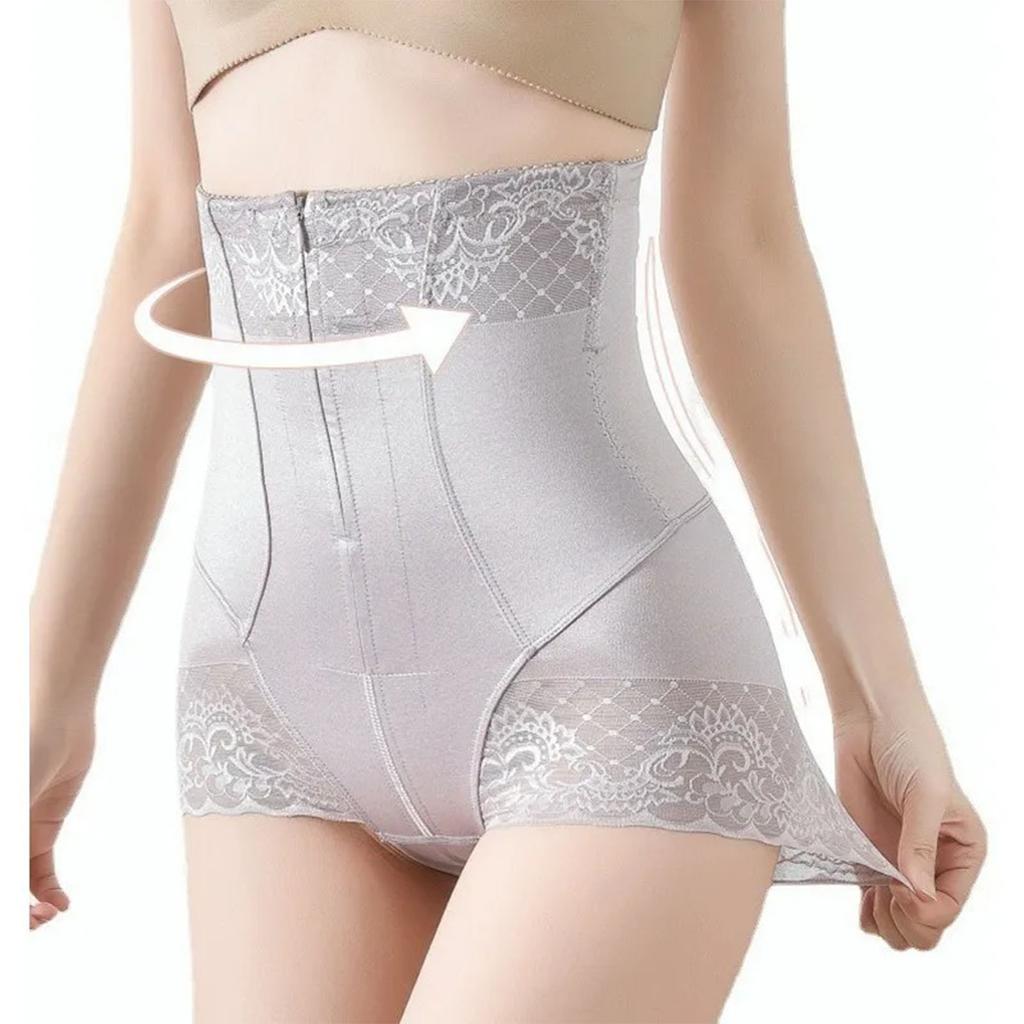 Women Postpartum High Waist Abdominal Compression Corset Underwear Zipper Lace Hip Lift Shaper Panties Silver Purple L
