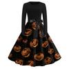 Women's Casual Vintage Halloween Print Dress Round Neck Long Sleeve Fit and Flare Retro Style Midi Dress with Waist Tie