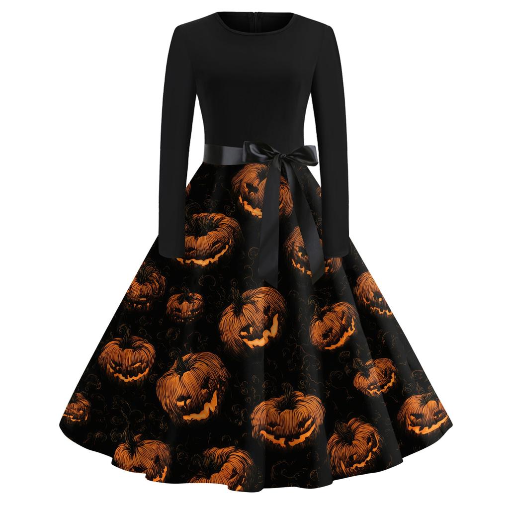 Women's Casual Vintage Halloween Print Dress Round Neck Long Sleeve Fit and Flare Retro Style Midi Dress with Waist Tie