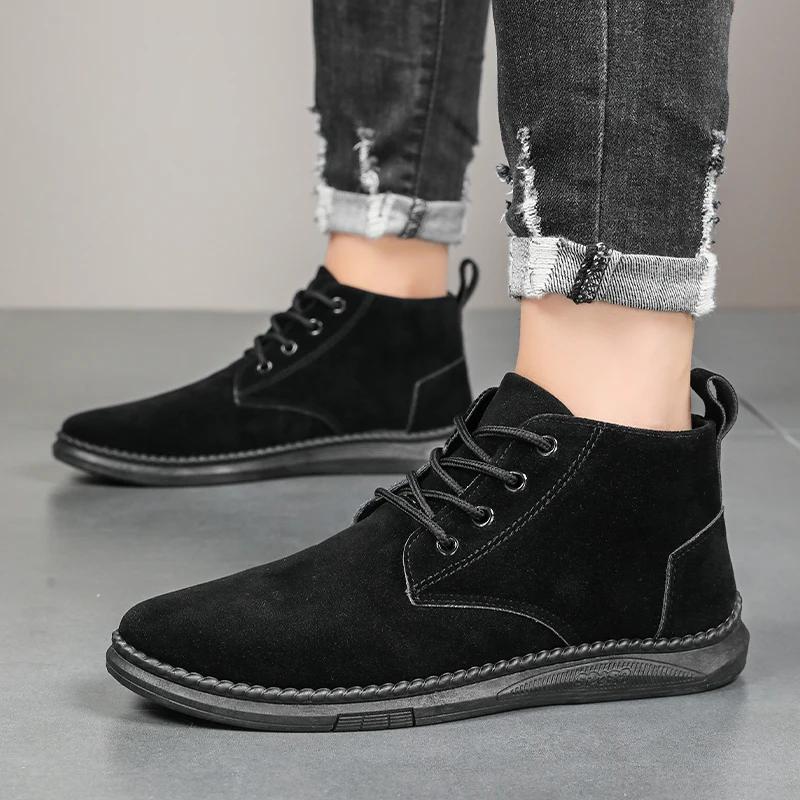 Зимняя мужская повседневная обувь для активного отдыха, кожаные ботильоны, нескользящие высокие мужские рабочие туфли, высококачественные квадратные мужские ботинки челси
