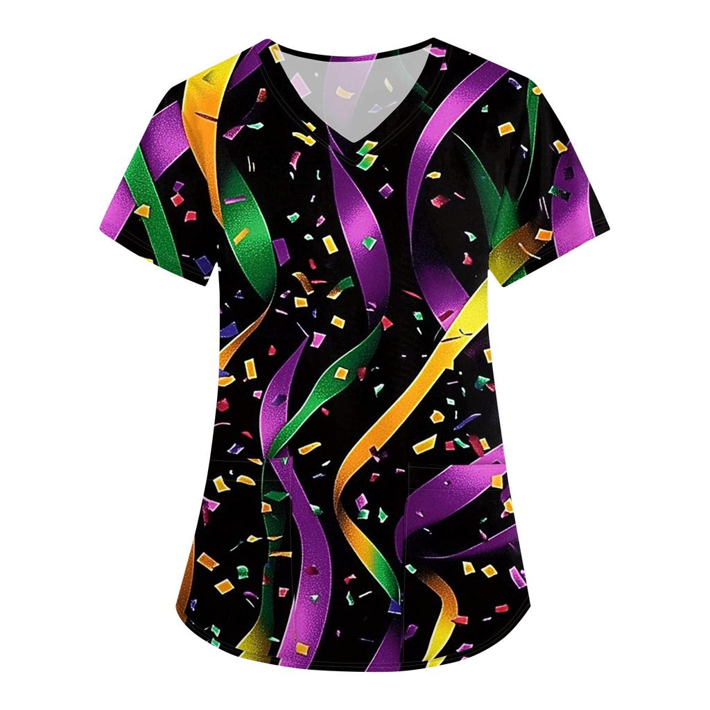 Женская карнавальная принтовая свободная униформа с V-образным вырезом и карманом с коротким рукавом