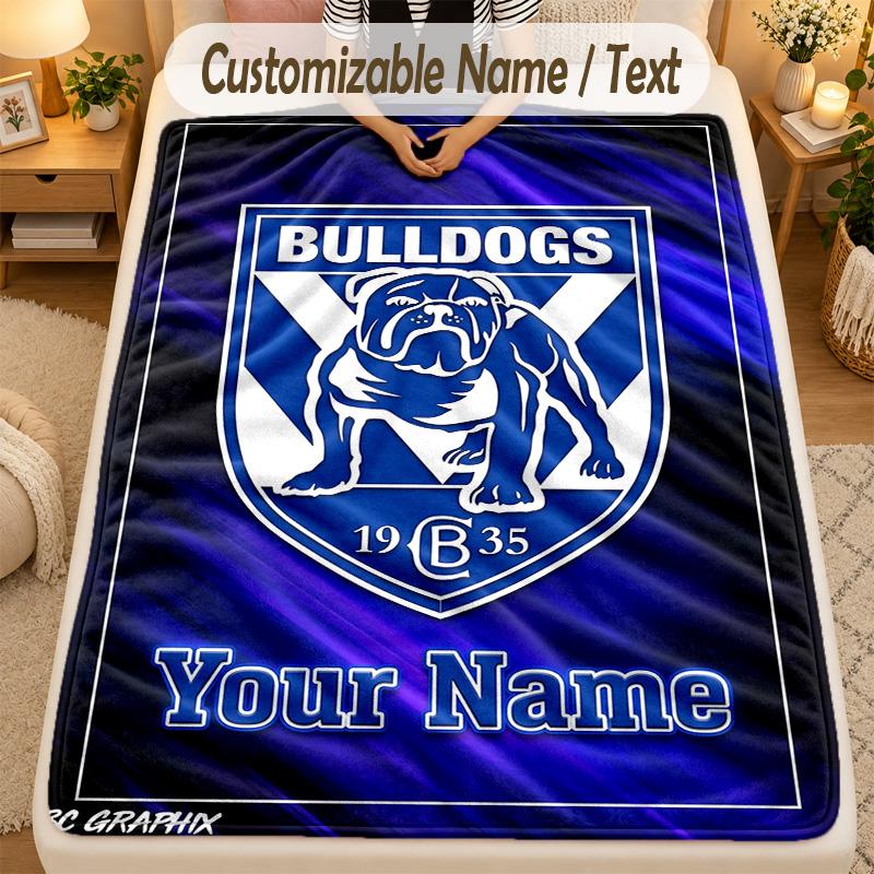 Flannel BlanketCanterbury-Bankstown Bulldogs Custom Name Text Personalized Soft Warm Throw Blanket Home Decor Gift