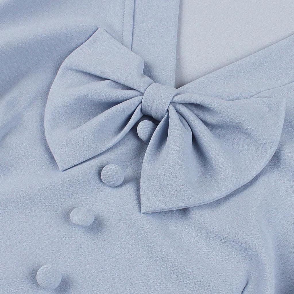 Женские ретро-платья в стиле свинга с короткими рукавами, V-образным вырезом, пуговицами-бантом, поясом, платье в стиле Хепберн, с высокой талией, повседневная одежда