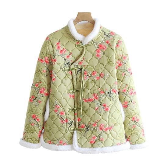 Женская осенне-зимняя куртка на хлопковой подкладке в китайском стиле, пальто на пуговицах с цветочным узором, верхняя одежда на утолщенной флисовой подкладке