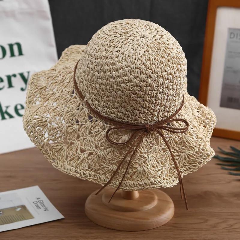 Women's Summer Hollow Out Straw Bow Hat Sunscreen Hat Foldable Vacation Beach Hat Crochet Fisherman Hat All Match Sun Hat