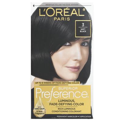 L'Oréal, популярный, устойчивый к выцветанию цвет, мягкий черный, нанесение 3 x 1