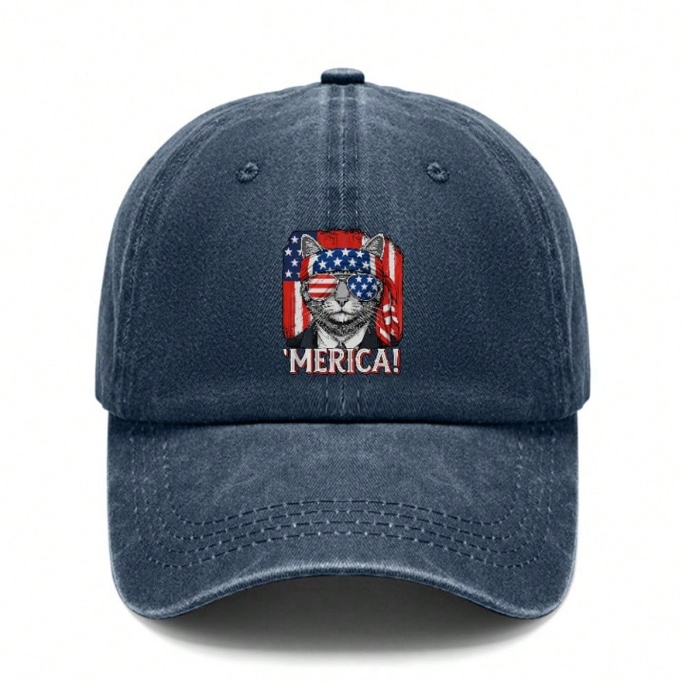 [USA Themed Baseball Cap] 'merica! Cat Graphic Print Polyester Unisex Adjustable Curved Brim Vintage Washed Baseball Hat For Festivals, Summer