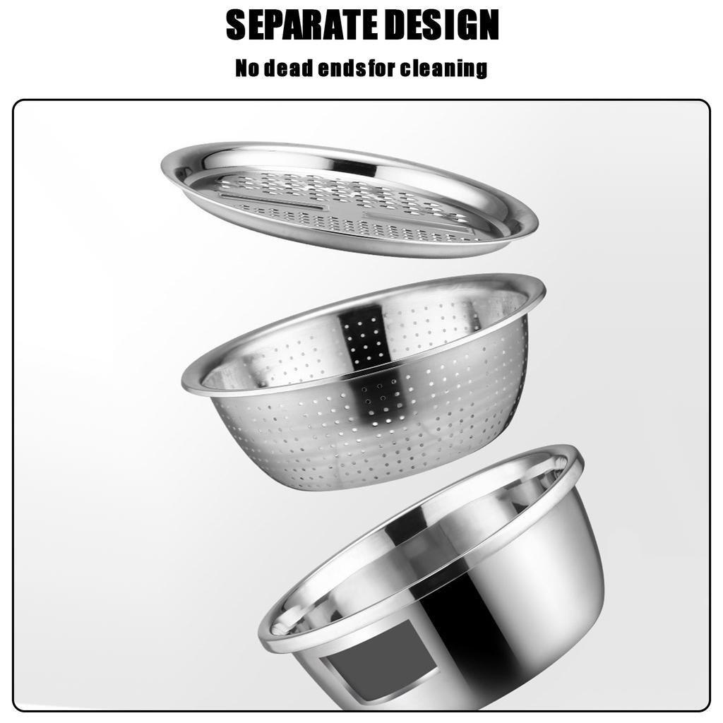 3 in 1 Kitchen Basin Grater, Colander Cutter with Strainers 10.2 Inch Stainless Steel Mandoline Rice Washing Pasta Mixing Dough Knding Bowls