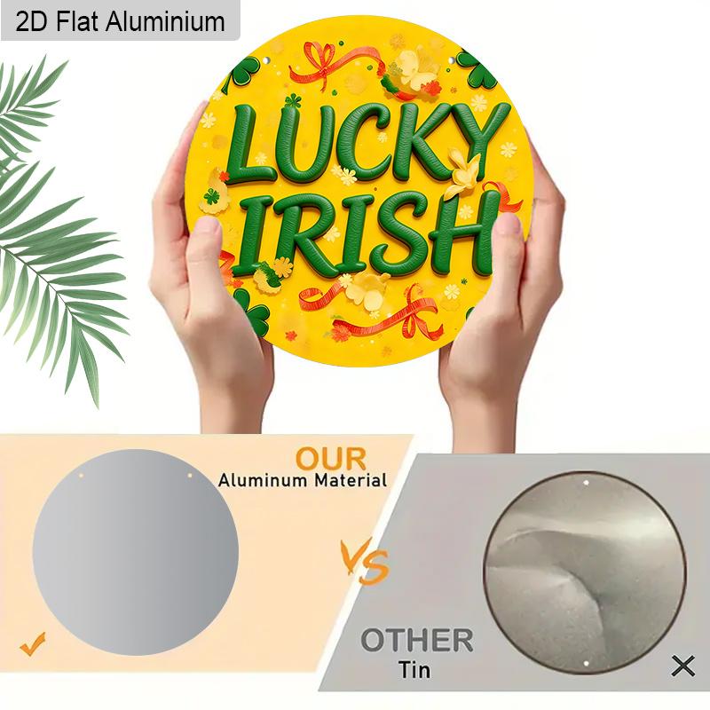 2D Flat Aluminum St. Patrick's Day Lucky Irish Round Aluminum Sign, Metal Hanging Plaque with Shamrock & Ribbon Design, Yellow and Green Irish Themed