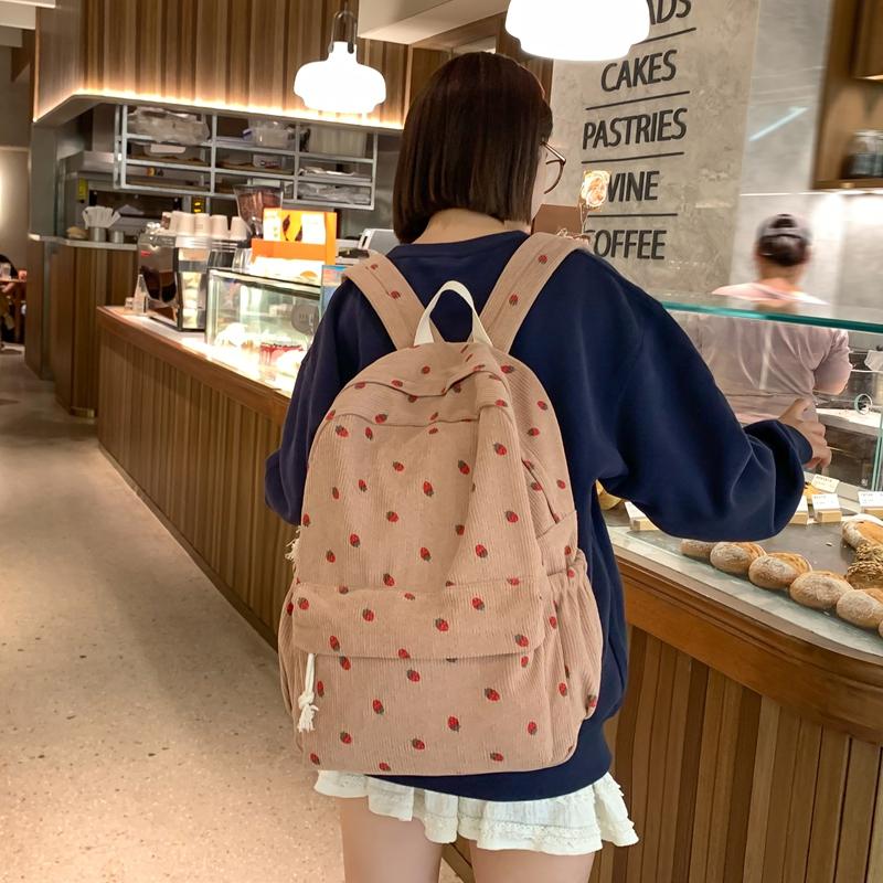 Вельветовый рюкзак с принтом клубники, школьная сумка в студенческом стиле, рюкзак большой вместимости