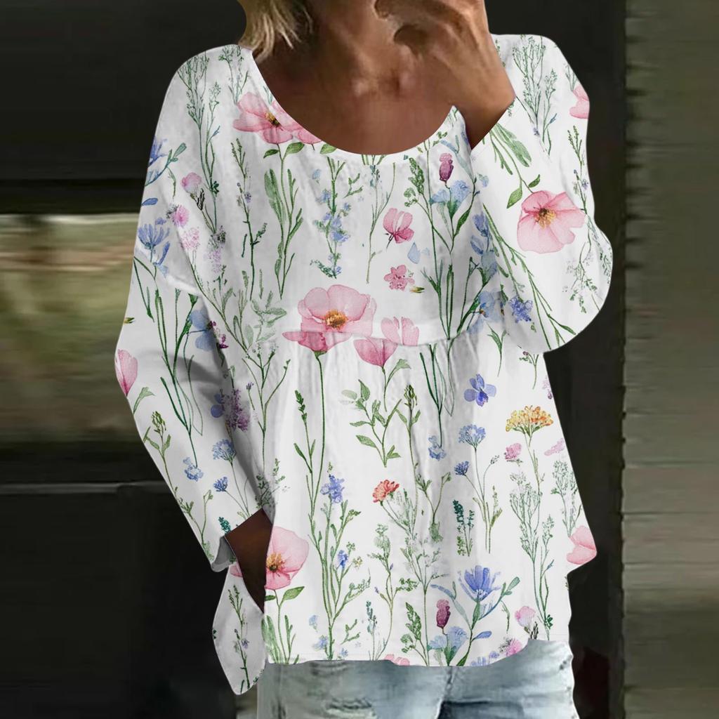 Women's Casual Fashion Loose Round Neck Floral Print Long Sleeve Top