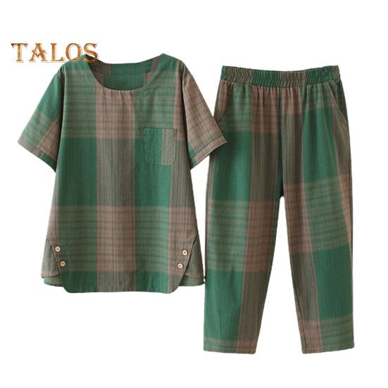 2 шт./компл. женская футболка и брюки комплект плюс размер домашней одежды наряд соответствующего цвета клетчатый принт круглый вырез с короткими рукавами топ широкие эластичные свободные брюки