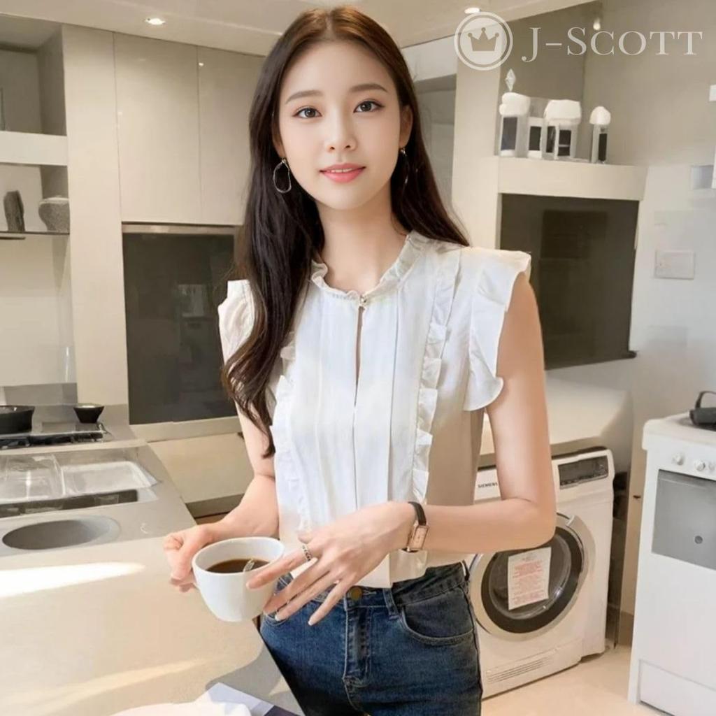 J-Scott JS72-WH-M Chiffon Frill Blouse with Button Front, Slit Neck, Frill Sleeves, and Sleeveless Design, Cool White