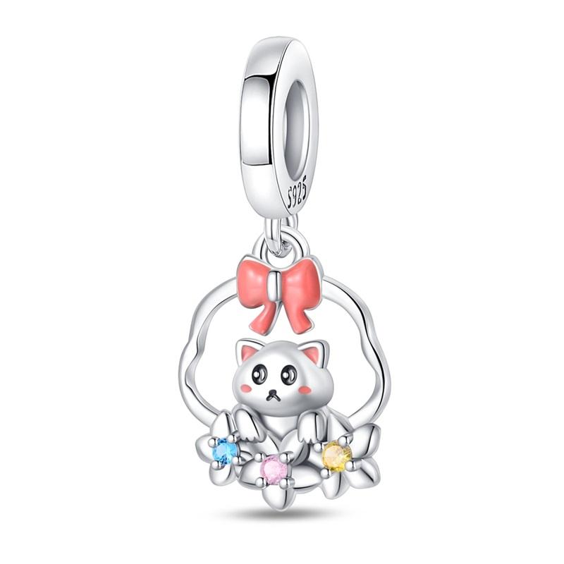 Colorful Cat Playing Ball Safety Chain Lamb Bead Moon Pet Dangle Charm Fits Original Bracelet & Necklace Zircon Gift