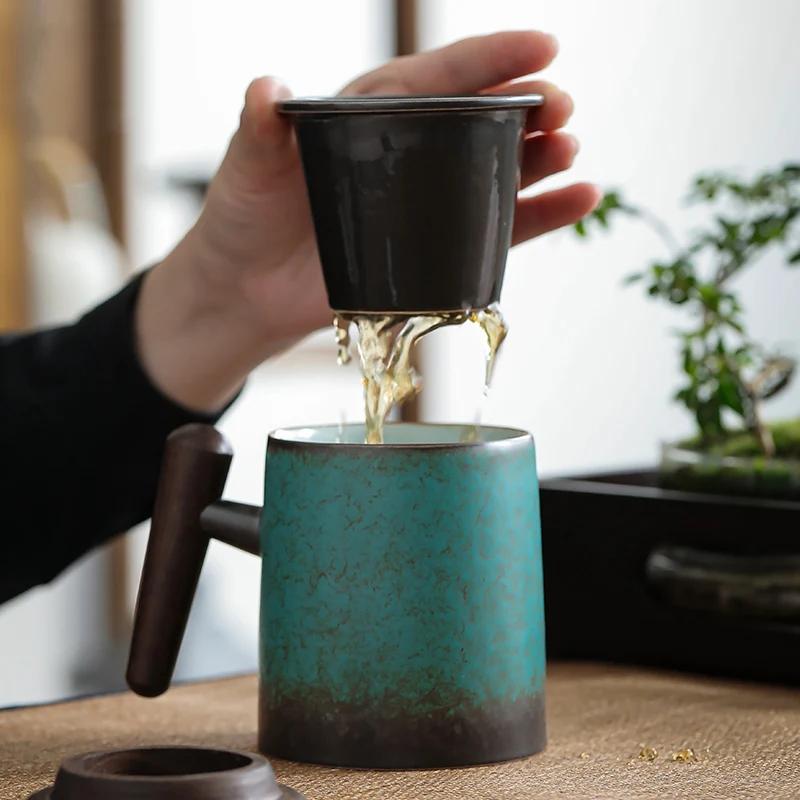 Ретро Керамическая Эстетическая Кружка Чашка для Бабл Ти с Крышкой Японская Чайная Водная Элегантные Оригинальные Кружки Кофейные Чашки Эспрессо Обожженная в Печи Деревянная Ручка Подарок