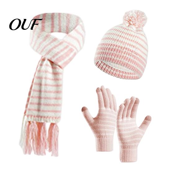 Warm Three Piece Set for Kids 1 Winter Hat Scarf Gloves Kids, Fleece Lined Striped Knit with And Pom Pom, Cozy Toddlers Boys Girls Age 3 to