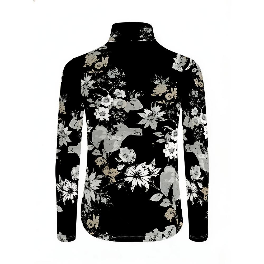 Autumn and winter women's cross-neck long-sleeved bottoming shirt, light-tone flower printing on a black background, simple temperament and slim fit